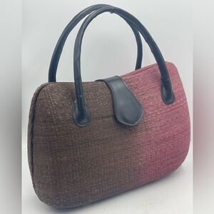 Woven Rattan Handbag Purse: Burgundy Ombre w/Faux Leather Handles & Flap Closure